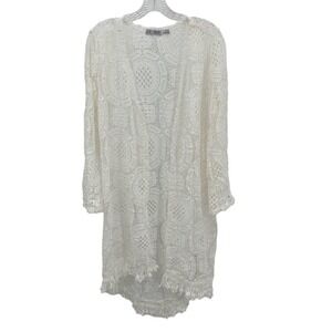 Retro Threads Womens Large White Crochet Lace Fringe Duster Cardigan Medallion